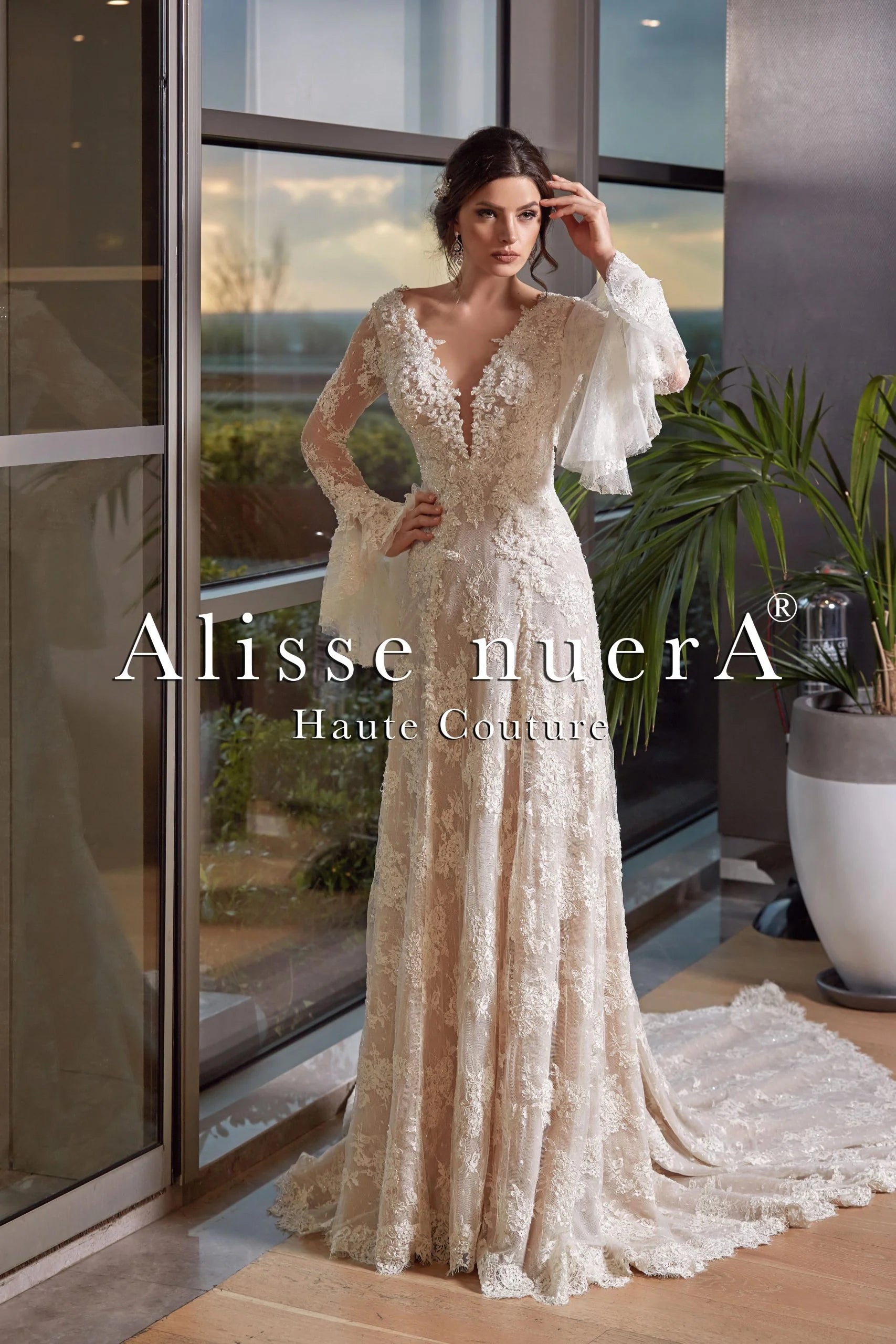 Flare dresses with polka dot patterns for a playful vibe -French Lace Vintage Nude Wedding Dress with Flared Sleeves and Lace Train Flare dresses with polka dot patterns for a playful vibe -French Lace Vintage Nude Wedding Dress with Flared Sleeves and Lace Train