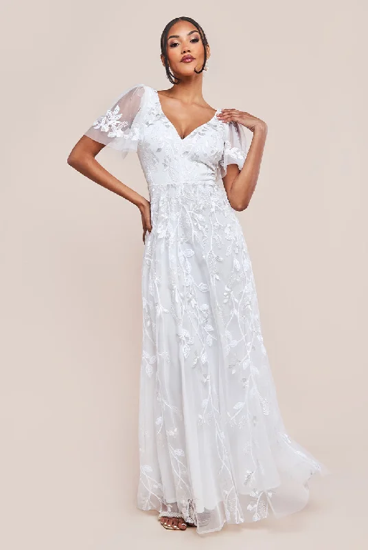 Flare dresses with side slits for added movement -Goddiva Flared Sleeve Embroidered Maxi Dress - White Flare dresses with side slits for added movement -Goddiva Flared Sleeve Embroidered Maxi Dress - White
