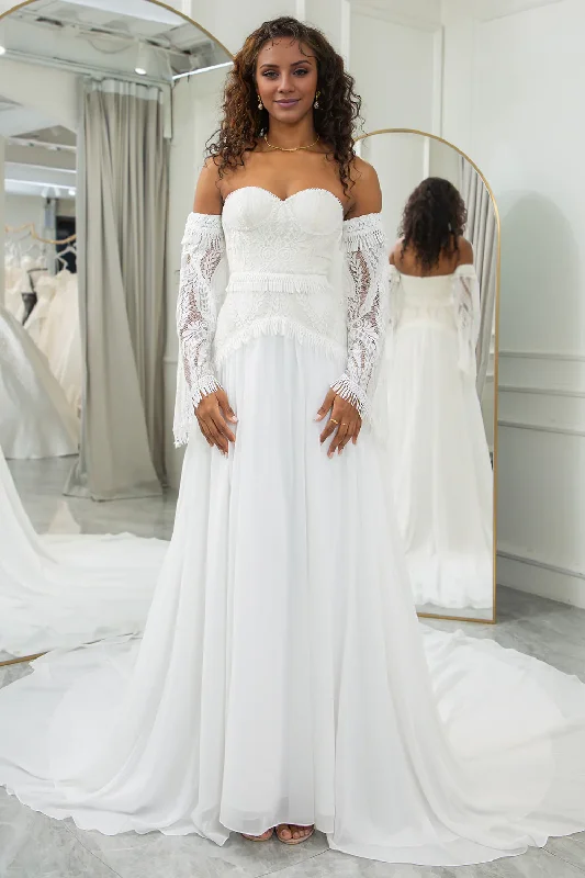Flare dresses with mesh panels for a modern edge -Ivory Sweetheart Detachable Flare Sleeves Boho Wedding Dress Flare dresses with mesh panels for a modern edge -Ivory Sweetheart Detachable Flare Sleeves Boho Wedding Dress