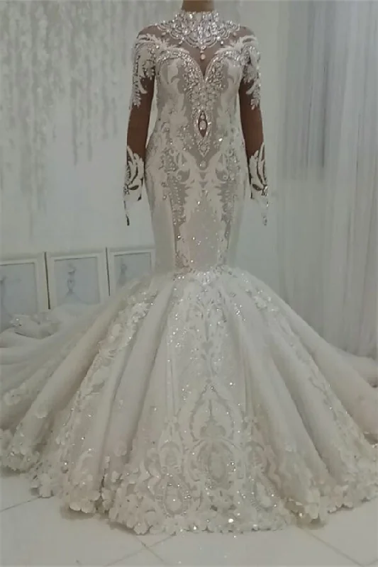 Flare dresses with tie-back designs for adjustable fit -Luxurious Sparkle Beaded High neck Fit and Flare Mermaid Wedding Dress Flare dresses with tie-back designs for adjustable fit -Luxurious Sparkle Beaded High neck Fit and Flare Mermaid Wedding Dress