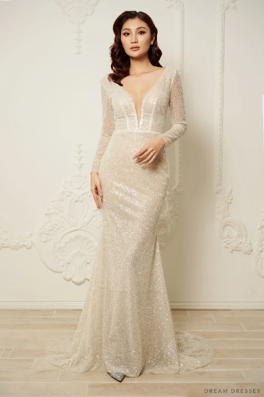 Flare dresses with square necks for a vintage feel -Long Sleeves Fit and Flare Bridal Dress (#SILENA) Flare dresses with square necks for a vintage feel -Long Sleeves Fit and Flare Bridal Dress (#SILENA)