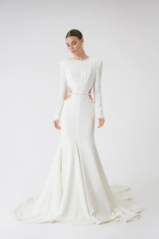 Long-sleeve flare dresses for cooler weather -Elegant Satin Long Sleeve Fit-and-Flare Wedding Dress