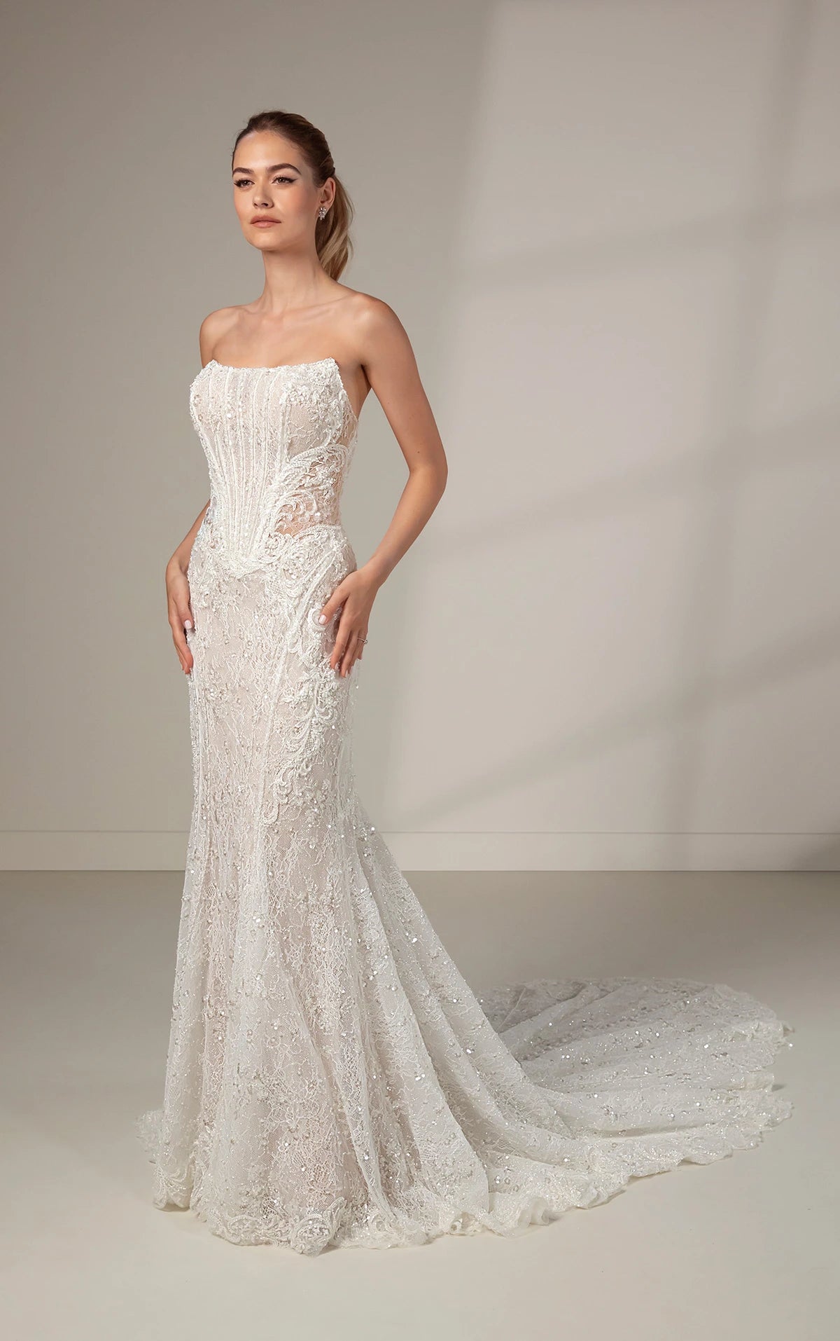 Flare dresses with removable belts for versatile styling -Modern Art Deco Sparkling Lace Fit-and-Flare Wedding Dress Flare dresses with removable belts for versatile styling -Modern Art Deco Sparkling Lace Fit-and-Flare Wedding Dress