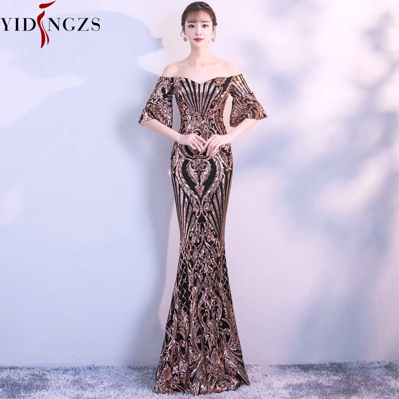 Flare dresses with front pockets for a casual look -New Flare Sleeve Black Gold Heavy Sequins Dress Boat Neck Formal Party Long Evening Dress Flare dresses with front pockets for a casual look -New Flare Sleeve Black Gold Heavy Sequins Dress Boat Neck Formal Party Long Evening Dress
