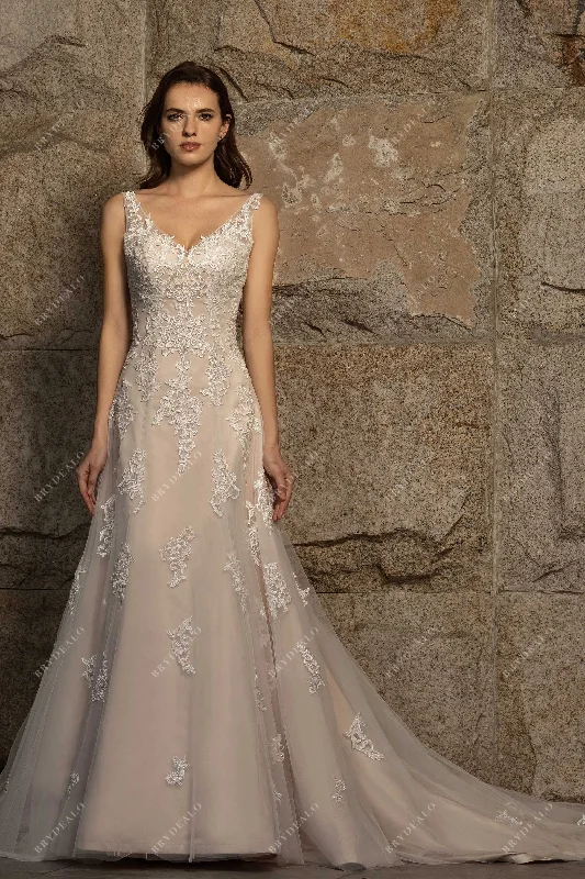 High-waisted flare dresses for a flattering silhouette -Nude Pink Sleeveless Fit & Flare Demure Lace Court Train Wedding Dress High-waisted flare dresses for a flattering silhouette -Nude Pink Sleeveless Fit & Flare Demure Lace Court Train Wedding Dress