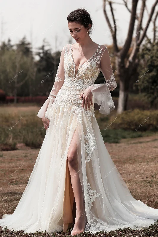 Short-sleeve flare dresses for warm days -Romantic Bell Sleeve Boho Lace Slit Fit and Flare Wedding Dress Short-sleeve flare dresses for warm days -Romantic Bell Sleeve Boho Lace Slit Fit and Flare Wedding Dress