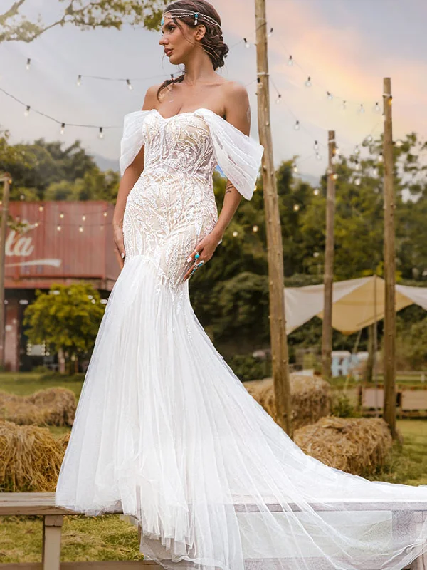 Flare dresses with floral patterns -Sparkly Fit And Flare Wedding Dress Tulle Off The Shoulder Flare dresses with floral patterns -Sparkly Fit And Flare Wedding Dress Tulle Off The Shoulder