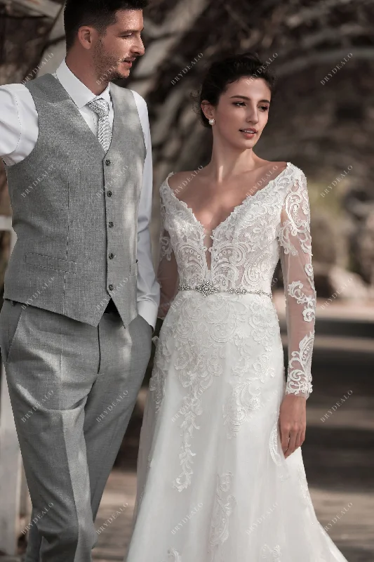 Flare dresses with pockets for added convenience -Sheer Sleeved Lace Plunging Neck Charming Fit and Flare Bridal Dress Flare dresses with pockets for added convenience -Sheer Sleeved Lace Plunging Neck Charming Fit and Flare Bridal Dress