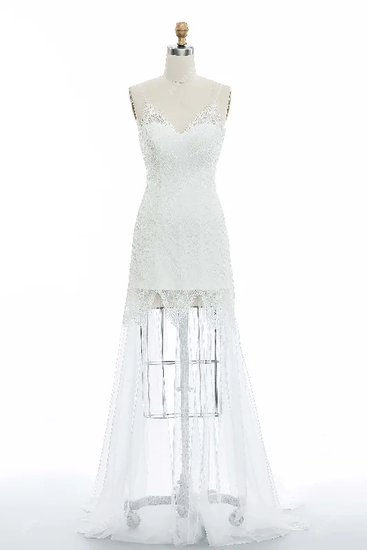 Flare dresses with sleeveless designs for summer comfort -Spaghetti Straps Lace Casual Fit and Flare Elopement Bridal Dress Flare dresses with sleeveless designs for summer comfort -Spaghetti Straps Lace Casual Fit and Flare Elopement Bridal Dress