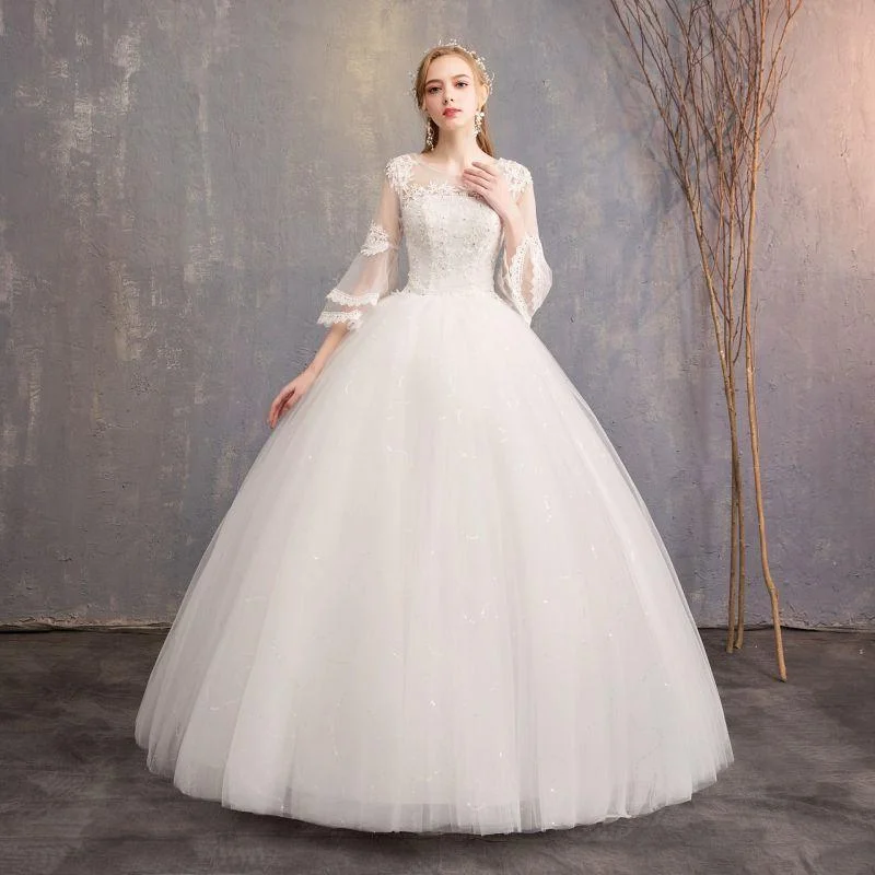 Flare dresses with buttoned cuffs for a refined touch -Unique Rhinestone Decoration Mesh Flare Sleeve Adjustable Lace-up Floor Length Wedding Gown Flare dresses with buttoned cuffs for a refined touch -Unique Rhinestone Decoration Mesh Flare Sleeve Adjustable Lace-up Floor Length Wedding Gown