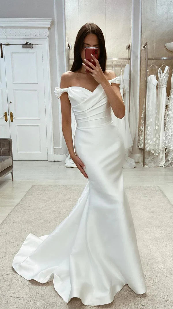 Flare dresses with satin finishes for a luxurious feel -Unique satin flared off shoulder pleated train beach wedding dress Flare dresses with satin finishes for a luxurious feel -Unique satin flared off shoulder pleated train beach wedding dress