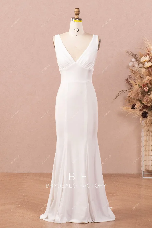Flare dresses with floral embroidery for a delicate touch -Simple V-neck Empire Fit and Flare Stretchy Jersey Casual Bridal Dress