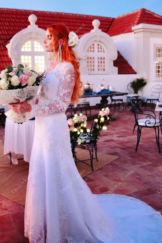 Flare dresses with polka dot patterns for a playful vibe -V-neck Lace Sleeves Fit and flare Custom-Made Wedding Dress Flare dresses with polka dot patterns for a playful vibe -V-neck Lace Sleeves Fit and flare Custom-Made Wedding Dress