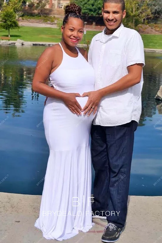 Flare dresses with sequin embellishments for a touch of glamour -White Jersey Halter Fit and Flare Floor Length Maternity Bridal Dress Flare dresses with sequin embellishments for a touch of glamour -White Jersey Halter Fit and Flare Floor Length Maternity Bridal Dress