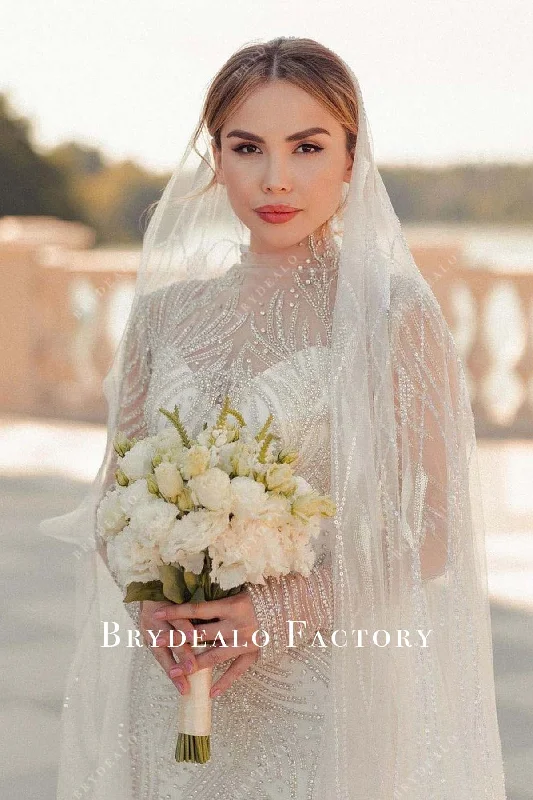 Flare dresses with halter tops for a chic appearance -Sheer Long Sleeves Shimmer Fit and Flare Wedding Dress Flare dresses with halter tops for a chic appearance -Sheer Long Sleeves Shimmer Fit and Flare Wedding Dress