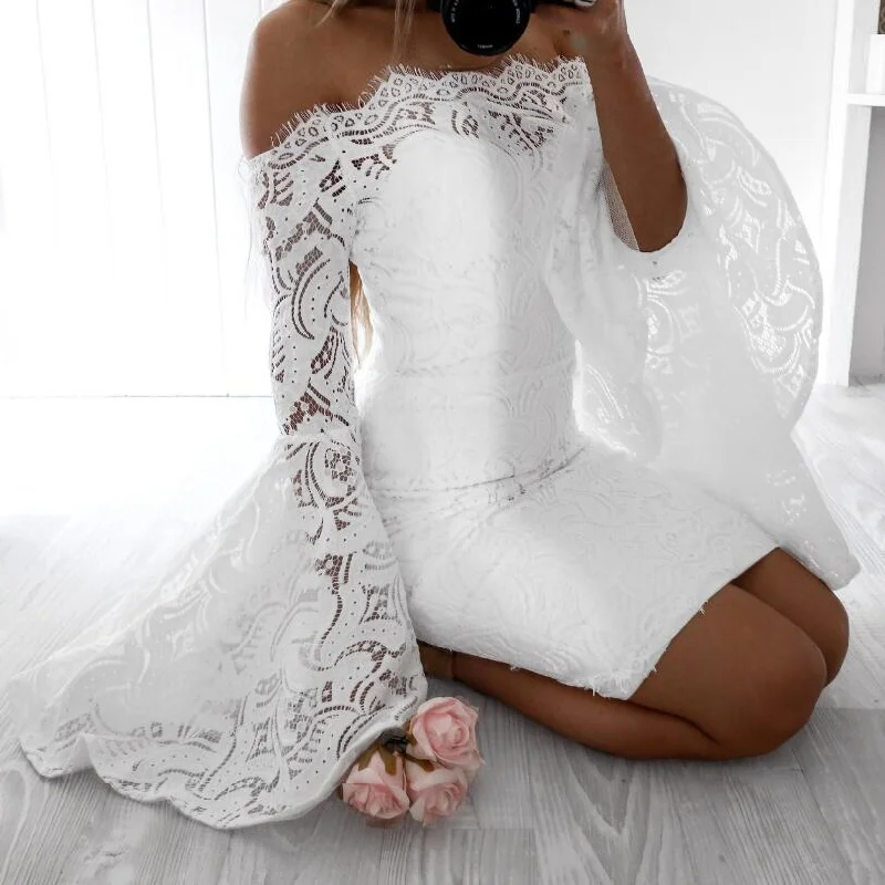 Flare dresses with cuffed sleeves for a tailored look -Women Open Shoulders Flare Sleeve Lace Long Sleeve Wedding Dresses Flare dresses with cuffed sleeves for a tailored look -Women Open Shoulders Flare Sleeve Lace Long Sleeve Wedding Dresses