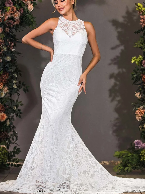 Plus-size women's flare dresses -High Neck Fit And Flare Wedding Dress Lace Sleeveless Plus-size women's flare dresses -High Neck Fit And Flare Wedding Dress Lace Sleeveless