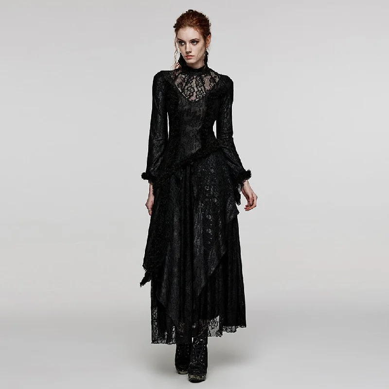 High-waisted flare dresses for a flattering silhouette -Women's Gothic Flared Sleeved Mesh Splice Lace Wedding Dress High-waisted flare dresses for a flattering silhouette -Women's Gothic Flared Sleeved Mesh Splice Lace Wedding Dress