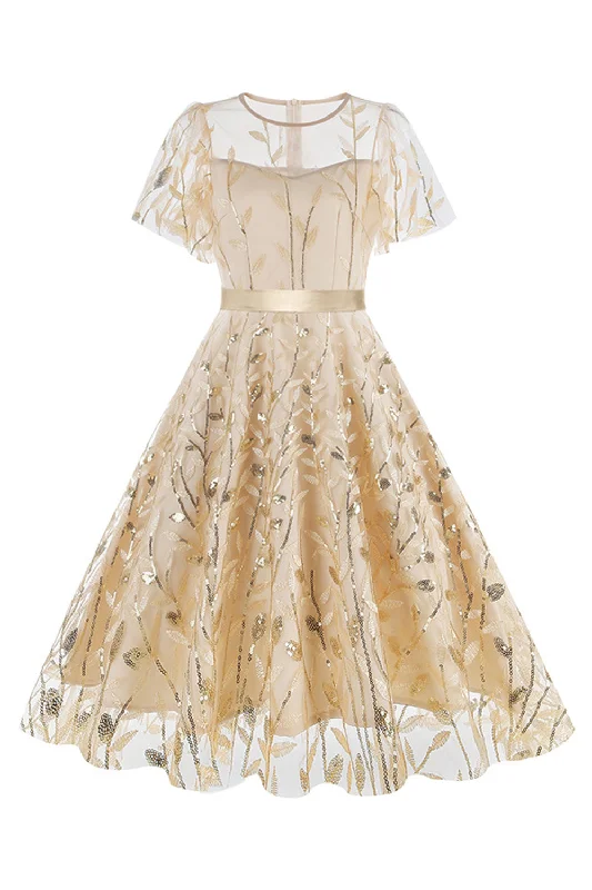 Flare dresses with halter tops for a chic appearance -Abricot pailleté feuille brodée maille superposition élégante robe vintage Flare dresses with halter tops for a chic appearance -Abricot pailleté feuille brodée maille superposition élégante robe vintage