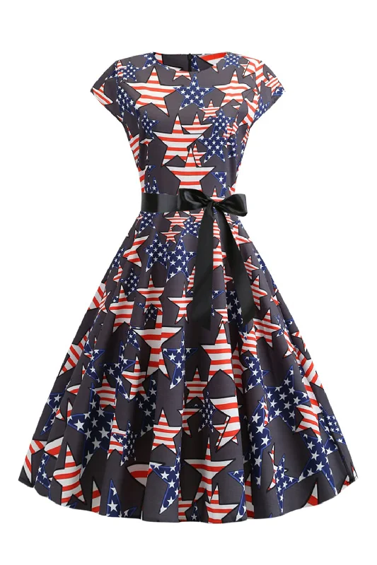 Flare dresses with cap sleeves for a modest style -Black Cap Manches American Flag Imprimé Robe Vintage Flare dresses with cap sleeves for a modest style -Black Cap Manches American Flag Imprimé Robe Vintage