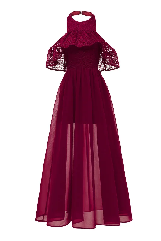 Flare dresses with button-down fronts for a classic touch -Bourgogne Halter Tulle Robe vintage avec dentelle Flare dresses with button-down fronts for a classic touch -Bourgogne Halter Tulle Robe vintage avec dentelle