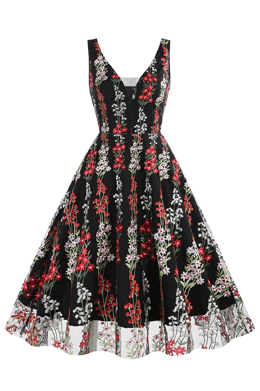Flare dresses with pockets for added convenience -Broderie de dentelle florale noire sans manches élégante robe vintage Flare dresses with pockets for added convenience -Broderie de dentelle florale noire sans manches élégante robe vintage