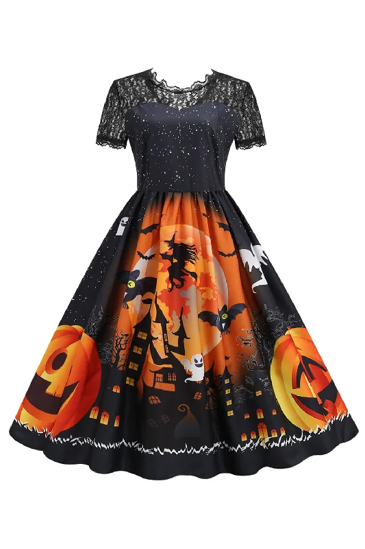 Short-sleeve flare dresses for warm days -Dentelle Manches Courtes Imprimé Halloween Robe Rétro Short-sleeve flare dresses for warm days -Dentelle Manches Courtes Imprimé Halloween Robe Rétro