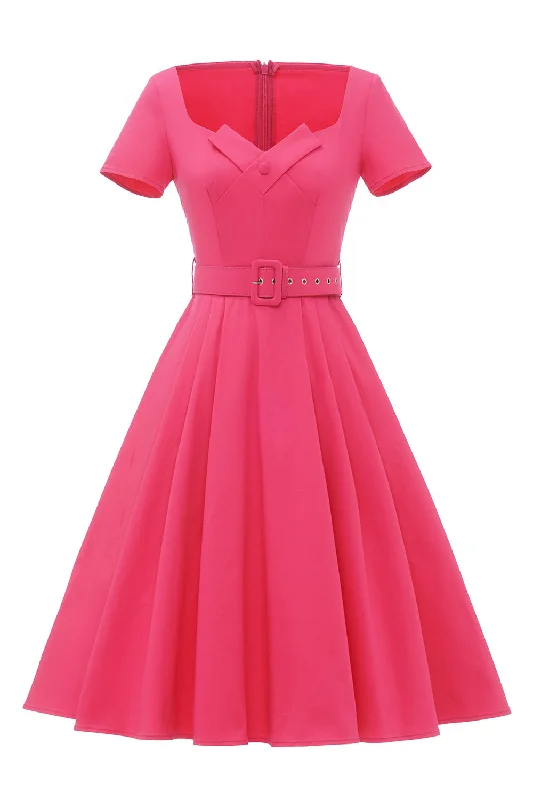 Flare dresses with bell sleeves for a boho-chic appearance -Fuchsia Manches Courtes Vintage 50s Robe avec Ceinture