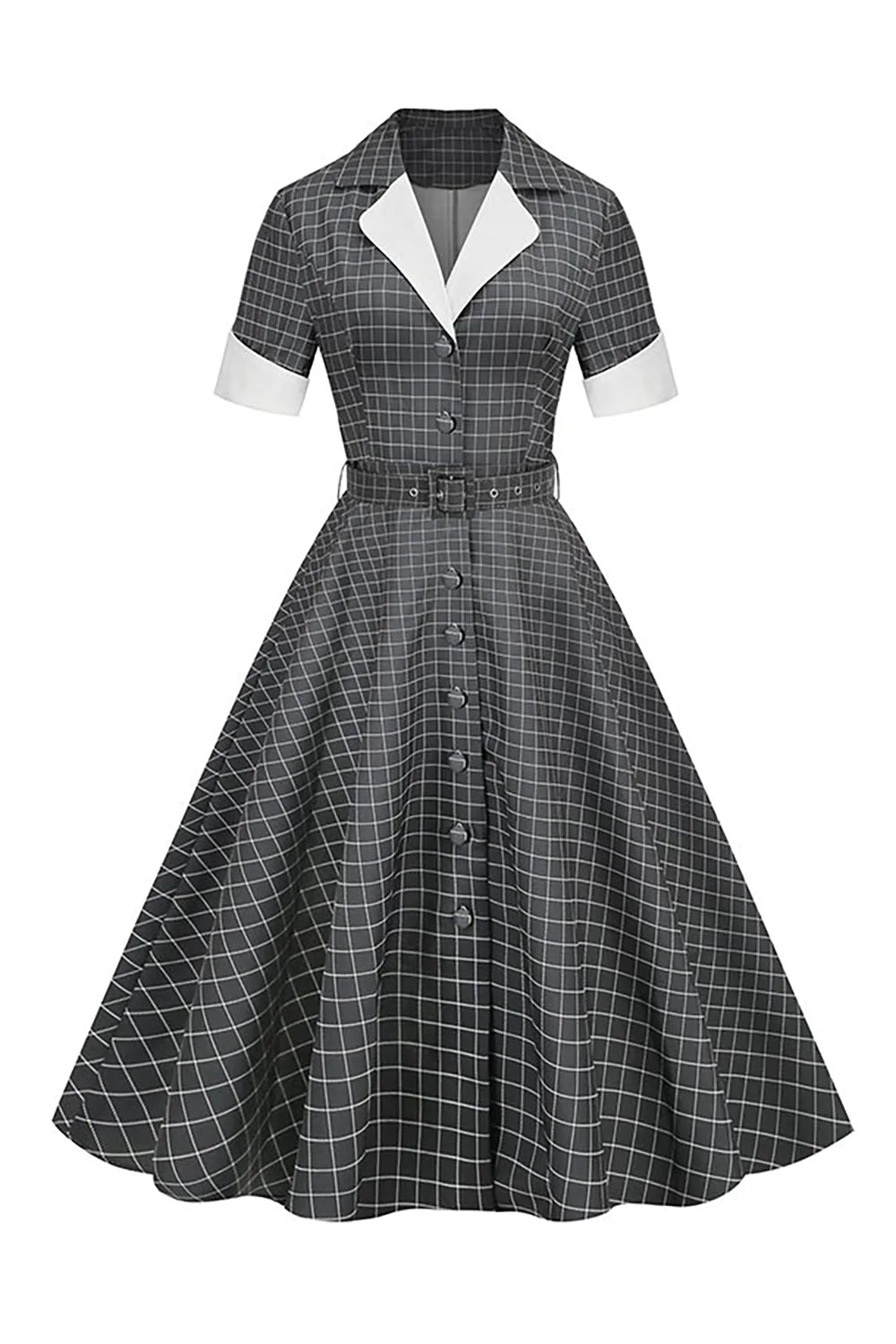Elegant flare dresses for evening events -Gris Plaid Col Col Robe Vintage