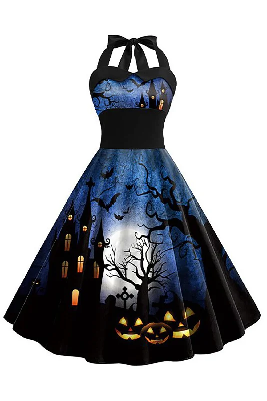 Flare dresses with ruched bodices for a flattering fit -Halloween Imprimé Halter Blue Robe vintage Flare dresses with ruched bodices for a flattering fit -Halloween Imprimé Halter Blue Robe vintage