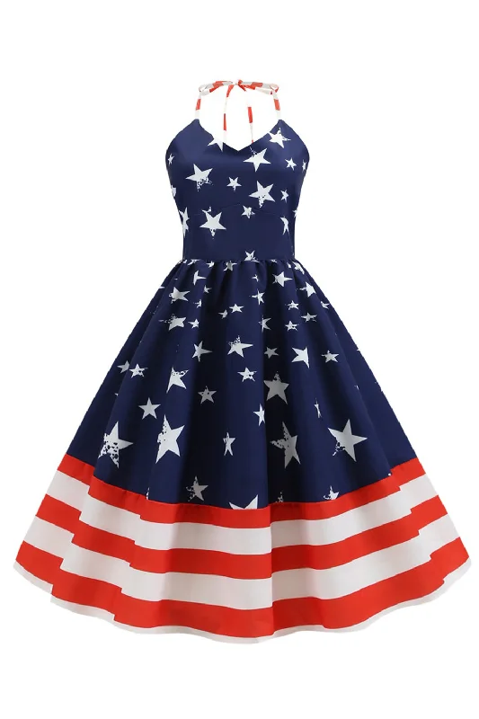 Summer flare dresses with breathable fabrics -Halter Navy Star Stripes Robe Vintage Summer flare dresses with breathable fabrics -Halter Navy Star Stripes Robe Vintage