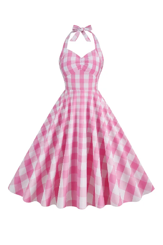 Flare dresses with draped fronts for an elegant appearance -Halter Plaid Robe vintage avec nœud Flare dresses with draped fronts for an elegant appearance -Halter Plaid Robe vintage avec nœud