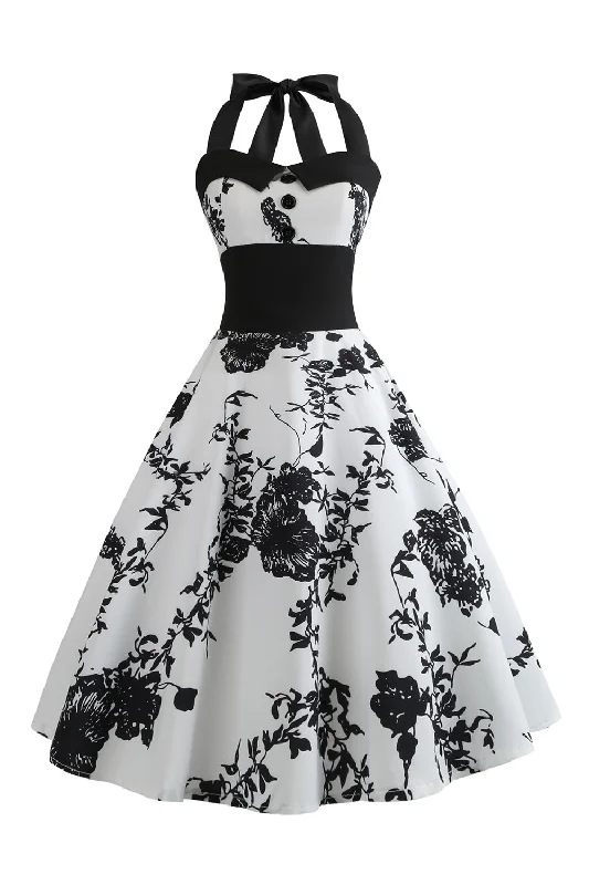 Flare dresses with pleated skirts for added texture -Licol Imprimé Blanc 1950s Robe avec bouton Flare dresses with pleated skirts for added texture -Licol Imprimé Blanc 1950s Robe avec bouton
