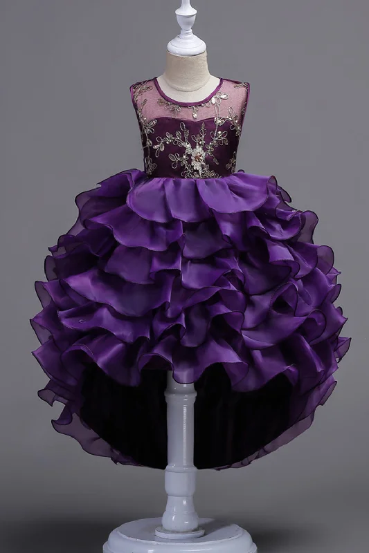 Flare dresses with eyelet lace for a feminine appeal -Haut Col rond Sans manches Sans manches Robes de soirée pour filles violettes Flare dresses with eyelet lace for a feminine appeal -Haut Col rond Sans manches Sans manches Robes de soirée pour filles violettes