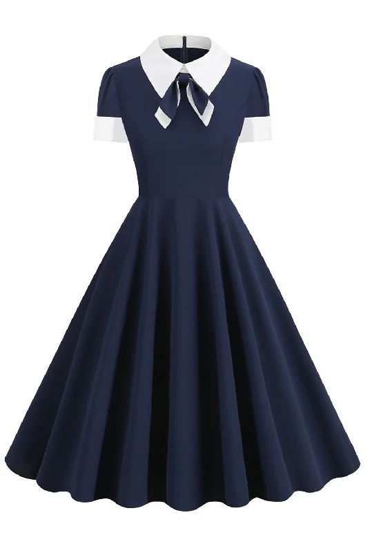 Women's flare dress for casual wear -Collier bijou Marine 1950s Robe avec nœud papillon Women's flare dress for casual wear -Collier bijou Marine 1950s Robe avec nœud papillon