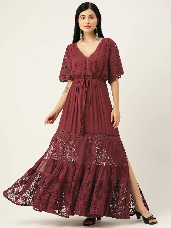 Flare dresses with ruffle accents for a playful look -Maroon Fit & Flare Maxi Dress