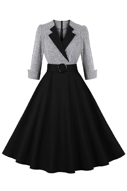 Flare dresses with V-necklines for a slimming effect -Noir Col Col Plaid Vintage 1950s Robe Flare dresses with V-necklines for a slimming effect -Noir Col Col Plaid Vintage 1950s Robe
