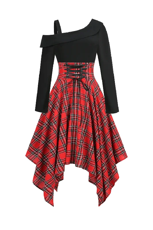 Plus-size women's flare dresses -Noir Rouge Plaid Patchwork Asymétrique Robe Vintage