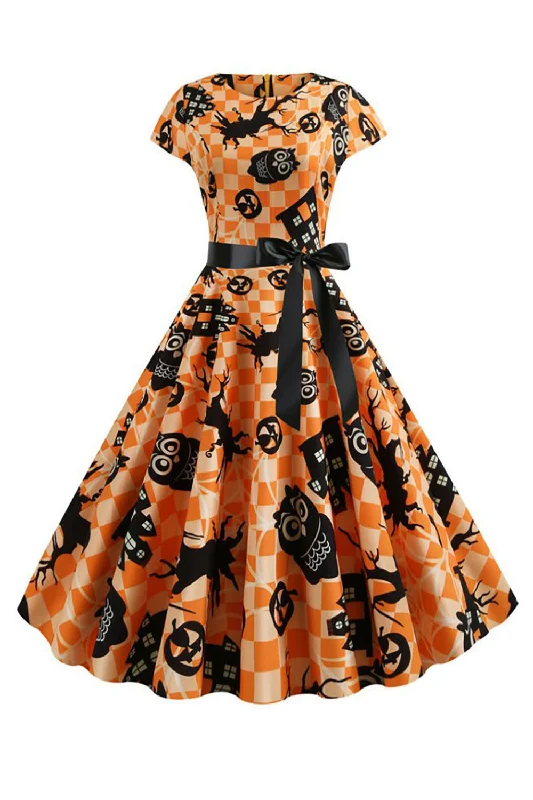 Flare dresses with crochet inserts for a vintage touch -Orange Imprimé Halloween Vintage 1950s Robe Flare dresses with crochet inserts for a vintage touch -Orange Imprimé Halloween Vintage 1950s Robe