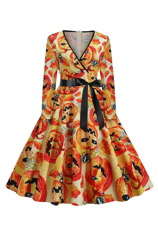 Maxi flare dresses for a dramatic flair -Orange Latern Imprimé Halloween Vintage 1950s Robe avec Manches Maxi flare dresses for a dramatic flair -Orange Latern Imprimé Halloween Vintage 1950s Robe avec Manches