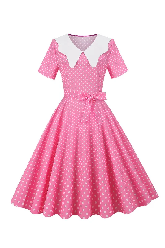 Flare dresses with plaid designs for a cozy feel -Pink Polka Dot Manches Courtes Peter Pan Robe Vintage Flare dresses with plaid designs for a cozy feel -Pink Polka Dot Manches Courtes Peter Pan Robe Vintage
