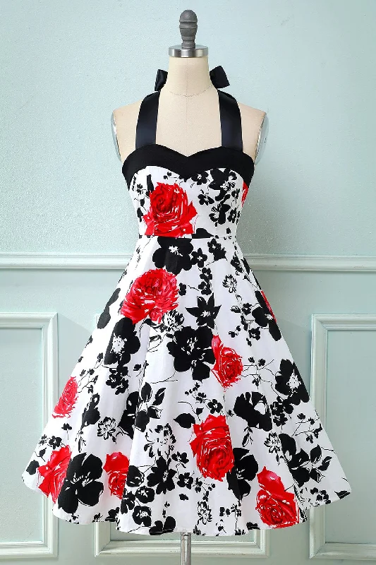 Flare dresses with front pockets for a casual look -Rétro Halter Imprimé Vintage Robe Flare dresses with front pockets for a casual look -Rétro Halter Imprimé Vintage Robe