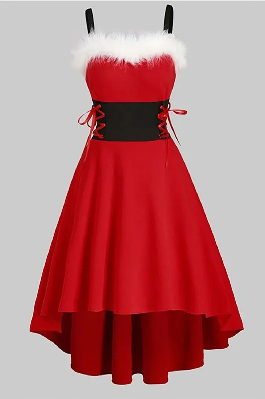 Flare dresses with halter tops for a chic appearance -Robe de fête de Noël vintage rouge avec plume Flare dresses with halter tops for a chic appearance -Robe de fête de Noël vintage rouge avec plume