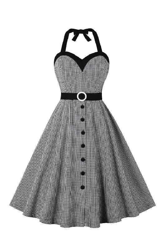 Flare dresses with side zippers for a sleek appearance -Robe noire Halter Plaid Bouton Sans manches 1950s Flare dresses with side zippers for a sleek appearance -Robe noire Halter Plaid Bouton Sans manches 1950s