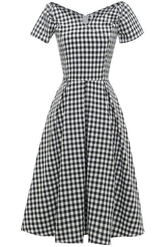 Flare dresses with wrap designs for a flattering fit -Robe Plaid Vintage 1950s Noir et Blanc Flare dresses with wrap designs for a flattering fit -Robe Plaid Vintage 1950s Noir et Blanc