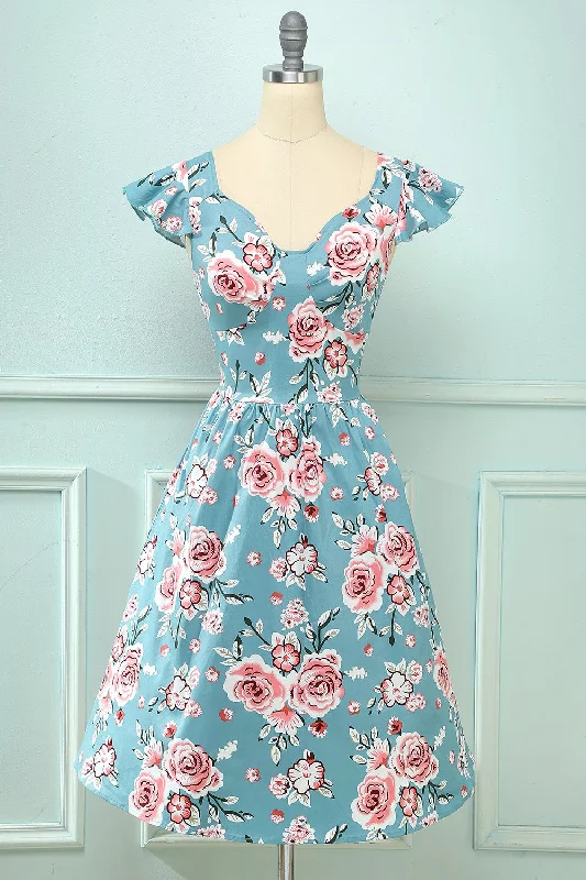 Flare dresses with side slits for added movement -Robe rose rose floral vintage