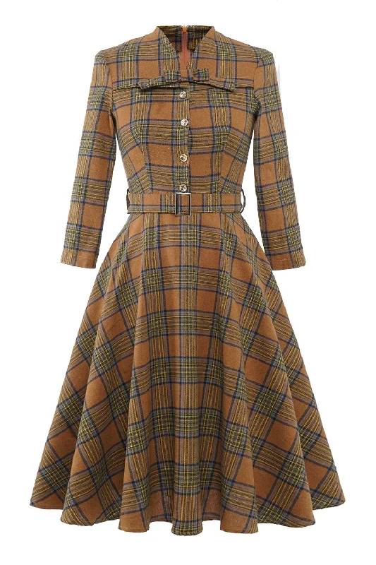 Flare dresses with V-necklines for a slimming effect -Robe Vintage Gris Coffee Plaid Flare dresses with V-necklines for a slimming effect -Robe Vintage Gris Coffee Plaid
