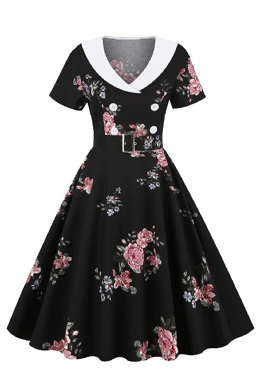 Belted flare dresses for a defined waistline -Robe Vintage Imprimée Florale Noire Avec Ceinture Belted flare dresses for a defined waistline -Robe Vintage Imprimée Florale Noire Avec Ceinture