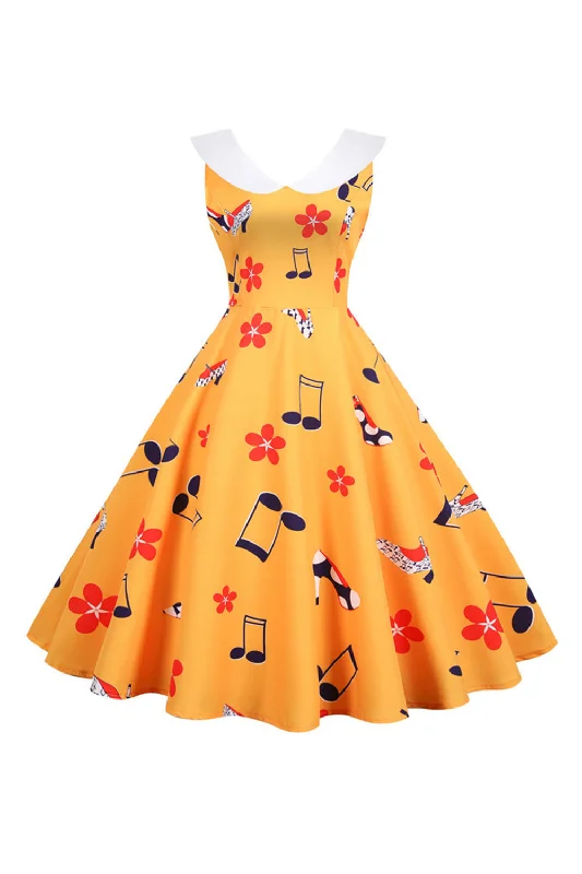 Flare dresses with lace details for a feminine touch -Robe vintage jaune imprimée sans manches Flare dresses with lace details for a feminine touch -Robe vintage jaune imprimée sans manches