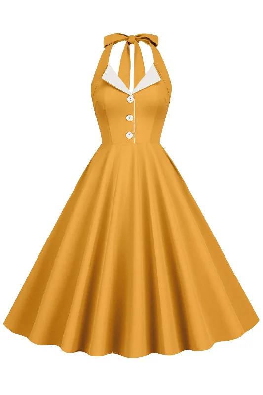 Flare dresses with sequin embellishments for a touch of glamour -Robe vintage plissée jaune licol Flare dresses with sequin embellishments for a touch of glamour -Robe vintage plissée jaune licol